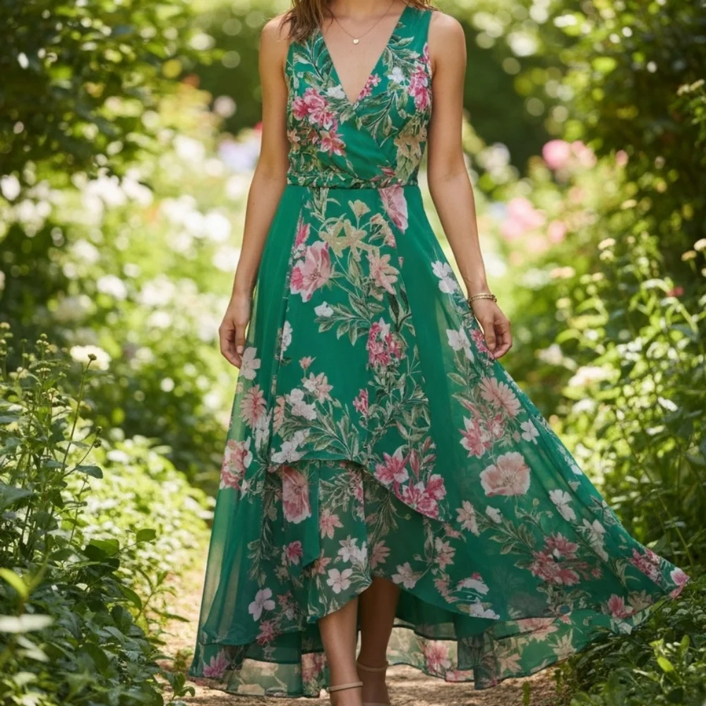 Eliza J Green Floral High Low Dress - Picture 1 of 5